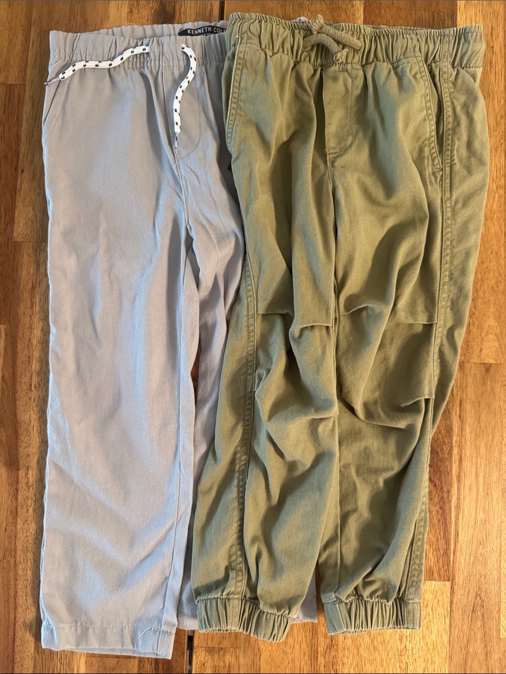 Two Toddler 4T Jogger Pants in Light Gray and Olive Green: H&M / Kenneth Cole